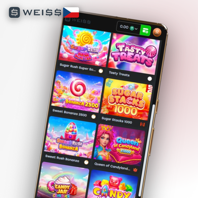 Weiss Casino mobilní verze – ilustrace chytrého telefonu s úvodní obrazovkou kasina
